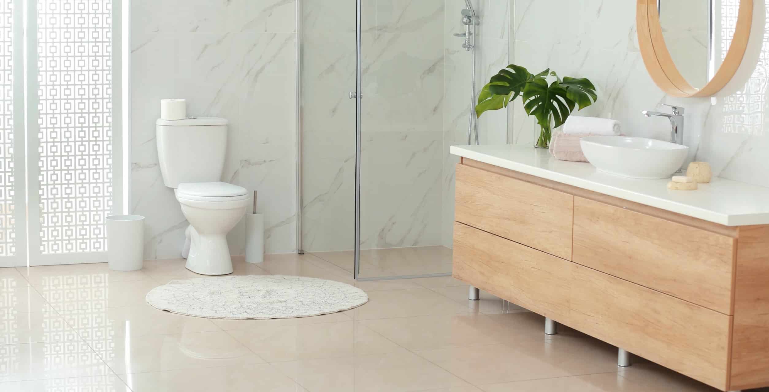 Interior of modern bathroom with toilet bowl