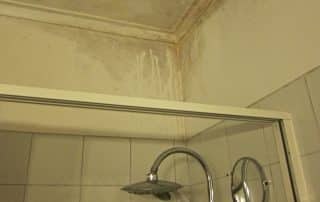 Severe water damage causing mold and moisture on the ceiling and walls in a bathroom