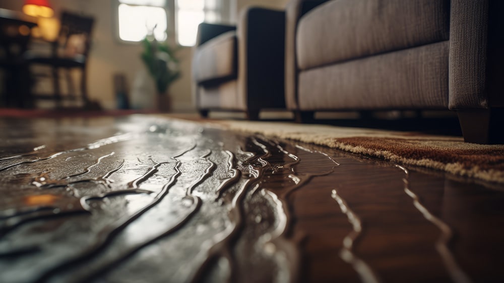 Water flooding on a living room floor