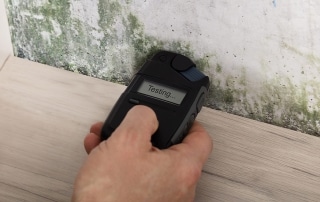 Water damage specialist testing a wall with a moisture meter